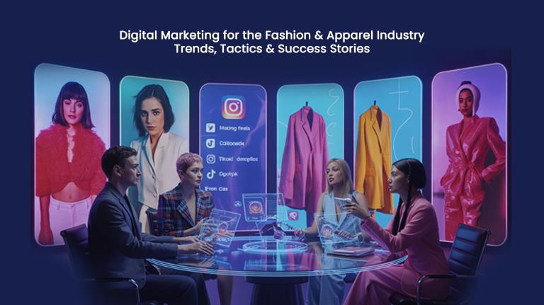 Group of digital marketers discussing fashion marketing strategies with virtual screens showcasing social media and apparel trends.