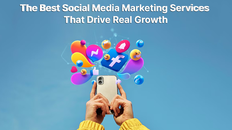 Hands holding a smartphone with colorful social media icons representing the best social media marketing services for business growth.