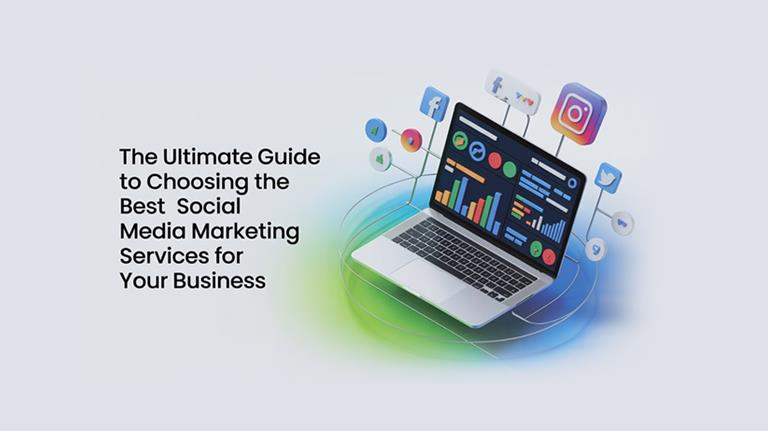 “Laptop with social media analytics dashboard surrounded by icons of Facebook, Instagram, Twitter, and YouTube representing the best social media marketing services for businesses.”