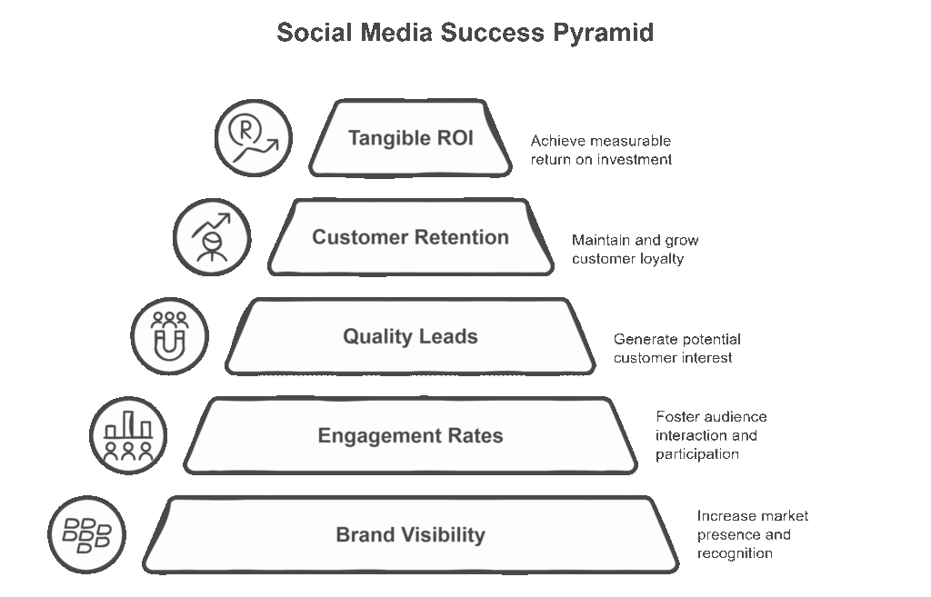 Social media success pyramid illustrating key performance metrics: brand visibility, engagement rates, quality leads, customer retention, and tangible ROI.