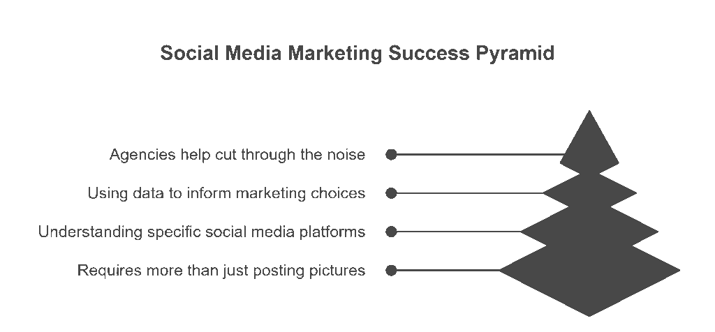 “Social Media Marketing Success Pyramid showing key steps to online growth: understanding platforms, using data, partnering with agencies, and going beyond basic posting.”