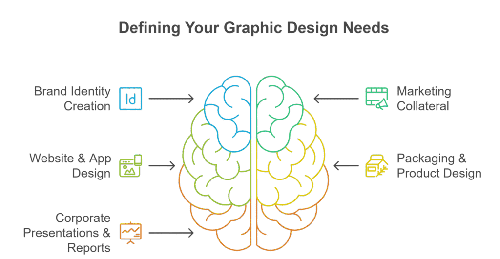 Infographic of a brain diagram illustrating different graphic design needs, including Brand Identity Creation, Website & App Design, Corporate Presentations & Reports, Marketing Collateral, and Packaging & Product Design.