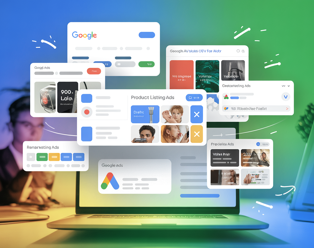 Digital marketing concept showing Google Ads, product listing ads, remarketing ads, and various campaign elements with the text “Unlock your online potential.”