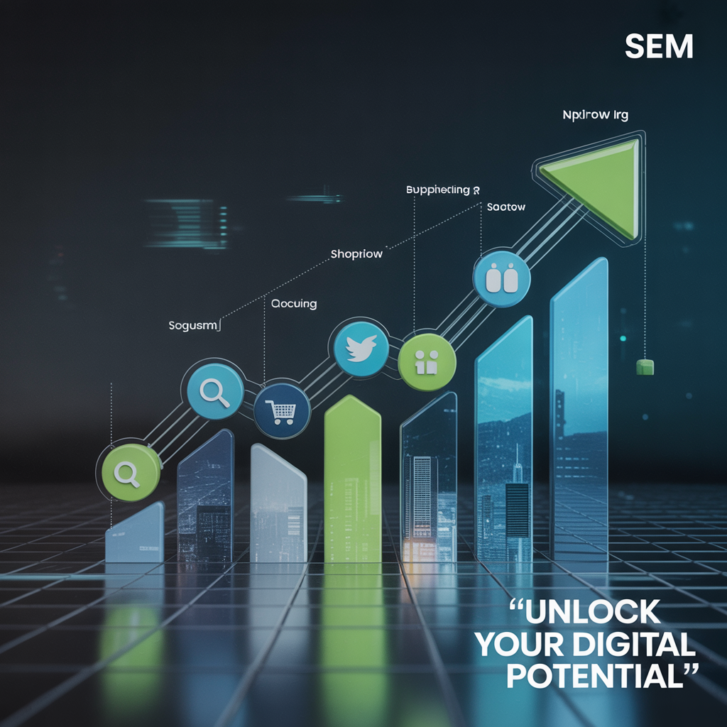 A futuristic digital marketing growth graph featuring social media and e-commerce icons, symbolizing SEM strategy with the text “Unlock Your Digital Potential.”